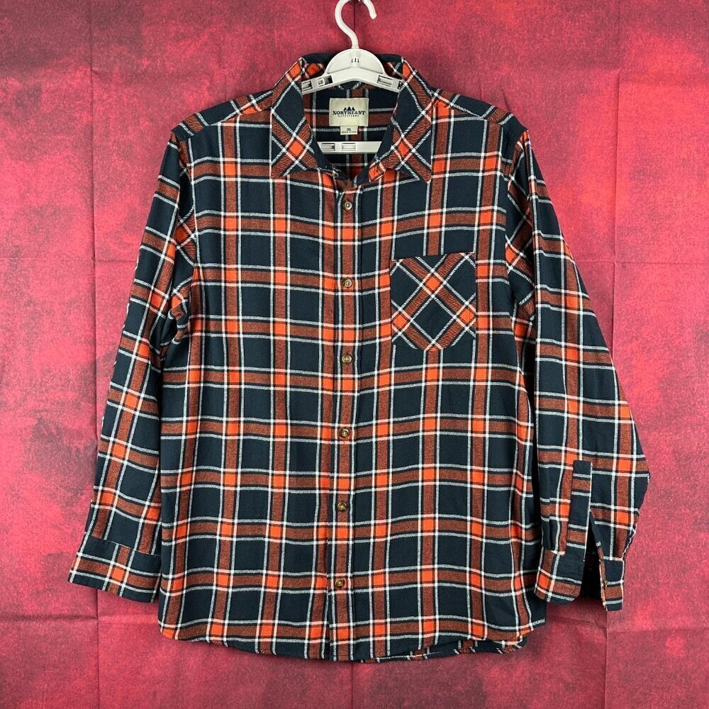 NORTHEAST OUTFITTERS MEN'S PLAID BUTTON DOWN FLANEL SHIRT SIZE XL BLACK ORANGE